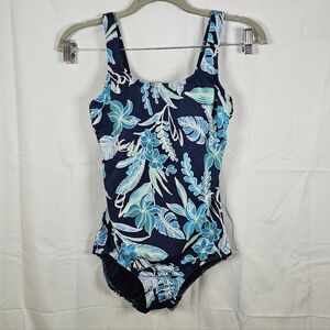 Lands' End One Pieve Swim Bathing Suit Blue Hawaiian Print Size 4 Full Coverage